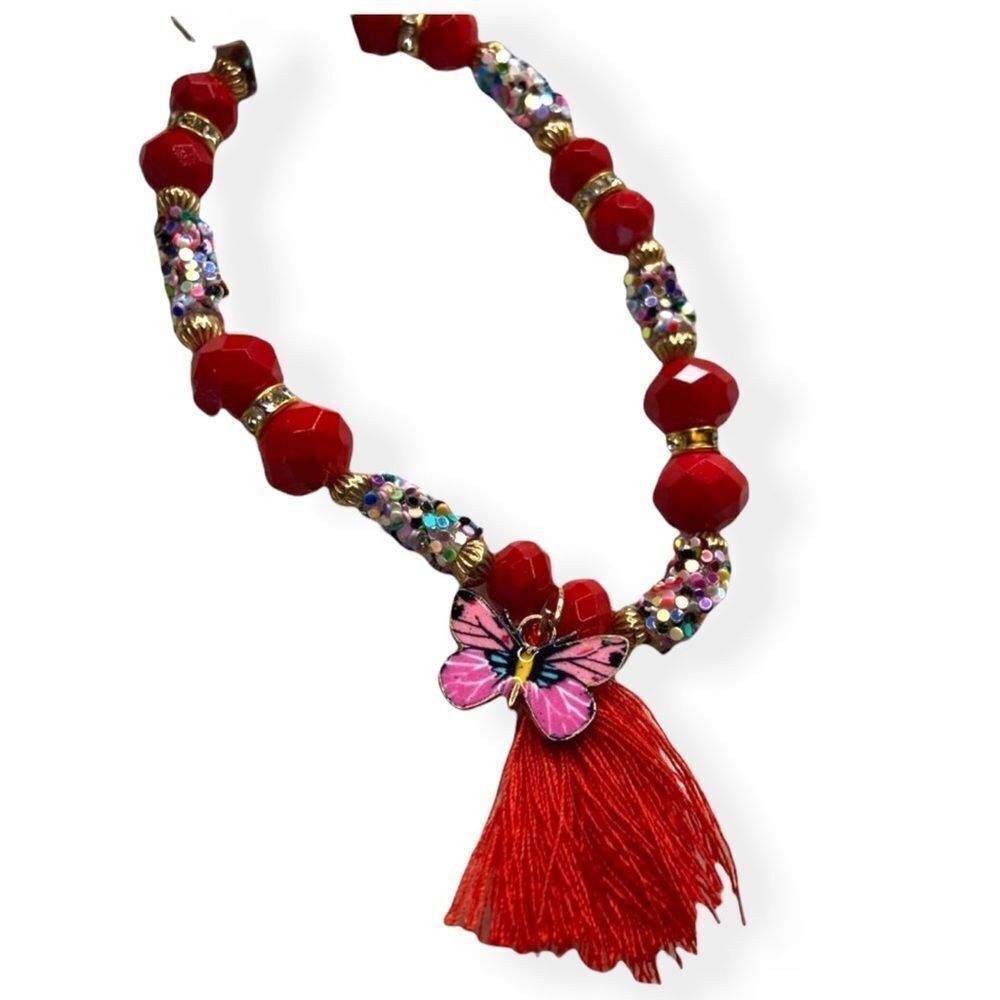 RED Beaded Butterfly Tassel Bracelet